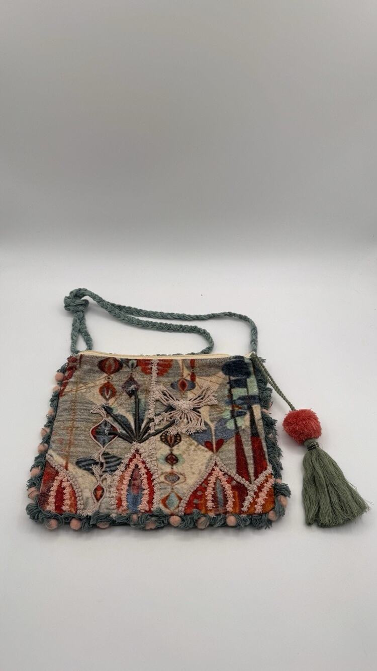 Boho Style Crossbody Purse With Fringe Trim Poms Tassle by Crosstree Lane